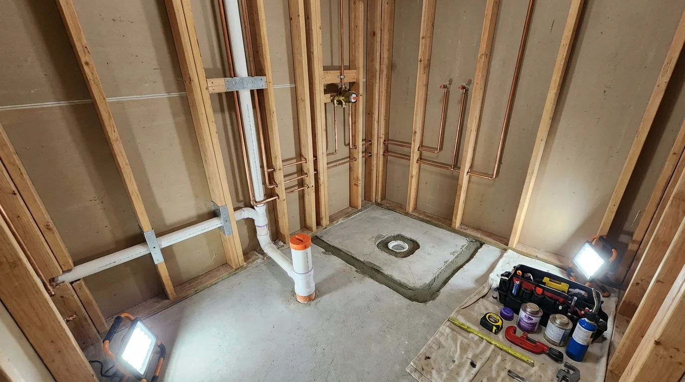 Bathroom rough-in plumbing during remodel by Johns Plumbing LLC in Bogota
