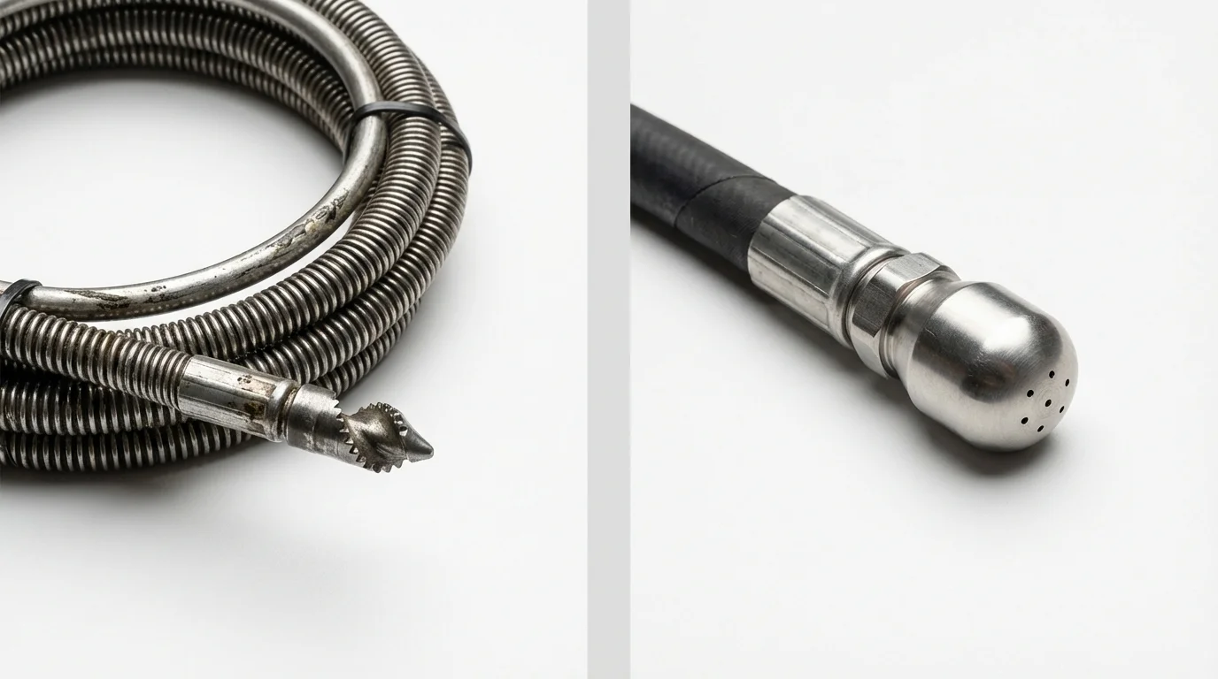 Drain snake cable and hydro jetting nozzle used for drain cleaning in Bogota, NJ