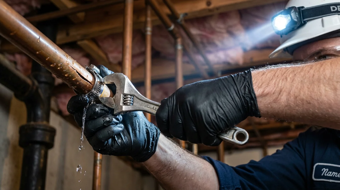 Emergency pipe clamp repair being performed by a Johns Plumbing LLC plumber in Bogota