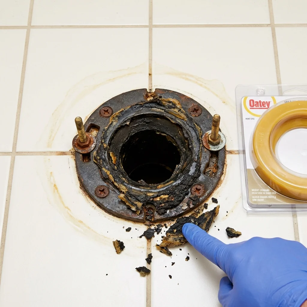 Failed wax ring showing water seepage at the base of a toilet in a Bogota, NJ home